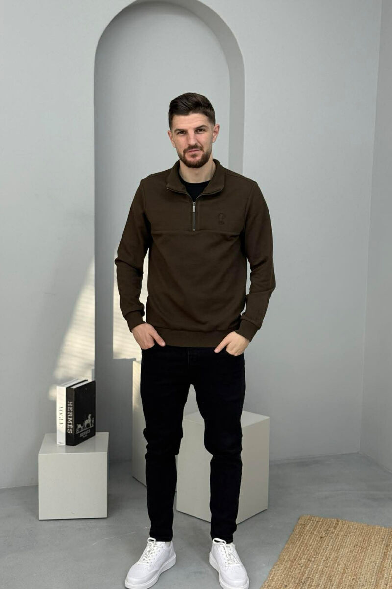 ZIPPER NECK SMALL LOGO MEN SWEATSHIRT BROWN/KAFE - 2