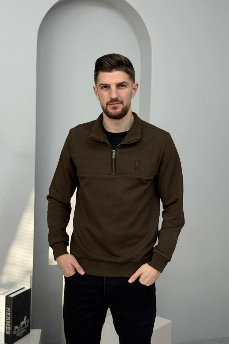 ZIPPER NECK SMALL LOGO MEN SWEATSHIRT BROWN/KAFE - 3