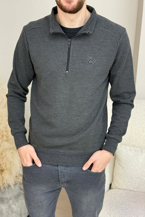 ZIPPER NECK STRIPE DESIGN MEN SWEATSHIRT DARK GREY/GEE 