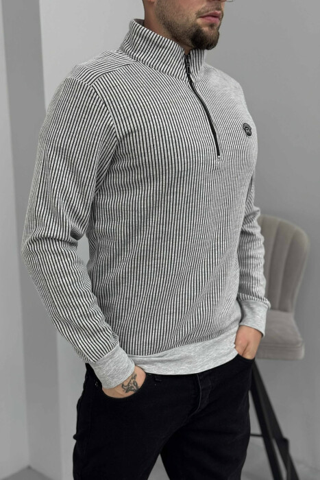ZIPPER NECK STRIPE DESIGN MEN SWEATSHIRT LIGHT GREY/GZ - 4