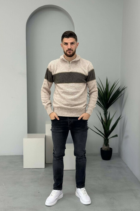 ZIPPER NECK STRIPE MEN SWEATER BEIGE/BEZHE - 2