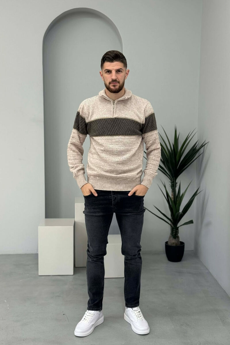 ZIPPER NECK STRIPE MEN SWEATER BEIGE/BEZHE - 2