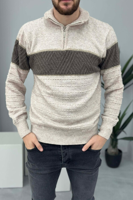 ZIPPER NECK STRIPE MEN SWEATER BEIGE/BEZHE 