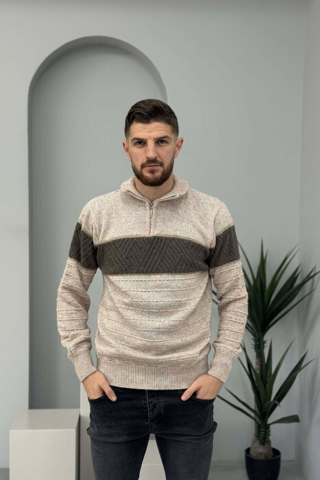 ZIPPER NECK STRIPE MEN SWEATER BEIGE/BEZHE - 3
