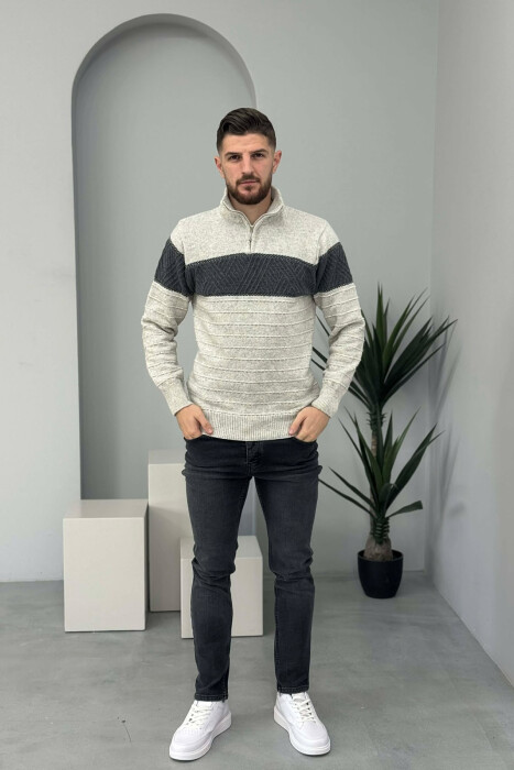 ZIPPER NECK STRIPE MEN SWEATER LIGHT GREY/GZ - 2