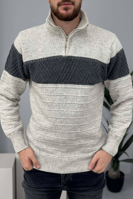 ZIPPER NECK STRIPE MEN SWEATER LIGHT GREY/GZ - 1