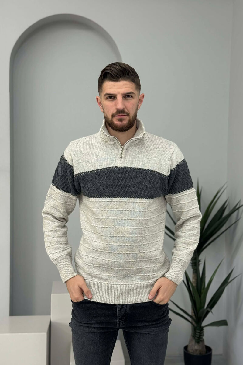 ZIPPER NECK STRIPE MEN SWEATER LIGHT GREY/GZ - 4