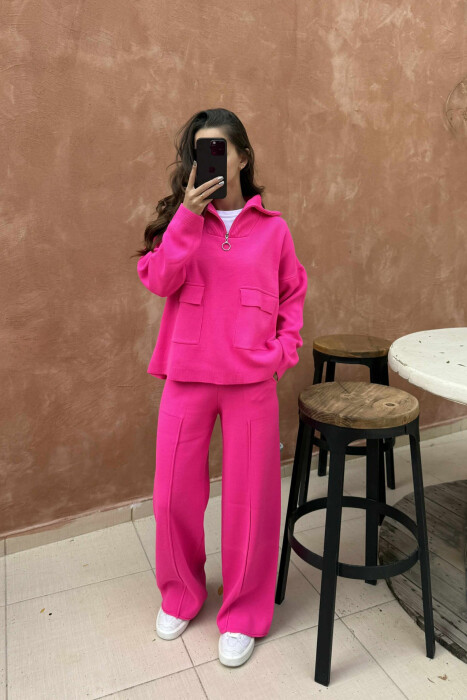 ZIPPER NECK SWEATER+TROUSERS WOMEN KNIT SET FUCHSIA/CIKLAMI - KLAUDIO FASHION