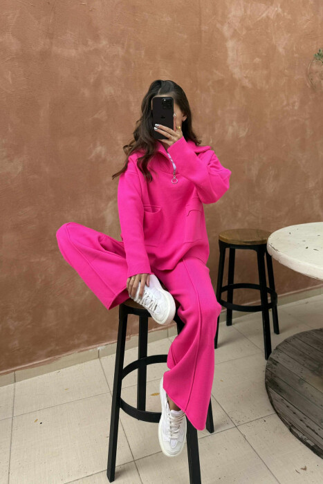 ZIPPER NECK SWEATER+TROUSERS WOMEN KNIT SET FUCHSIA/CIKLAMI - 2