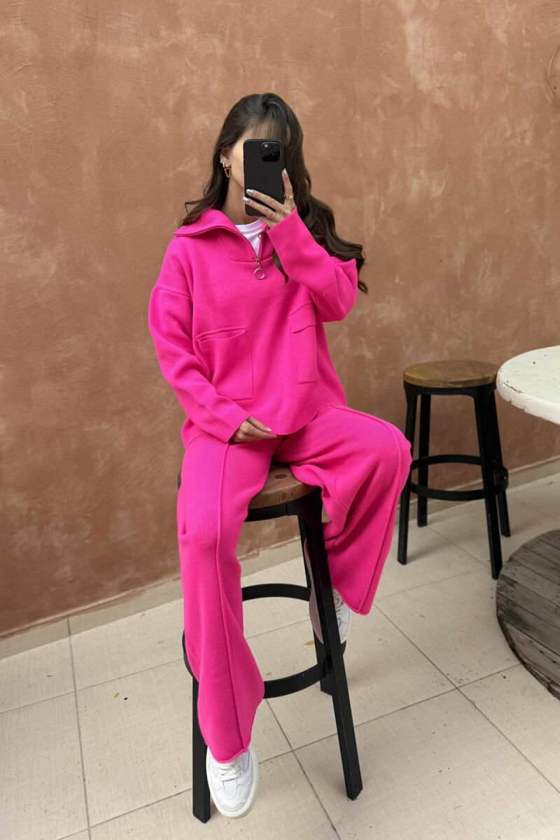 ZIPPER NECK SWEATER+TROUSERS WOMEN KNIT SET FUCHSIA/CIKLAMI - 3