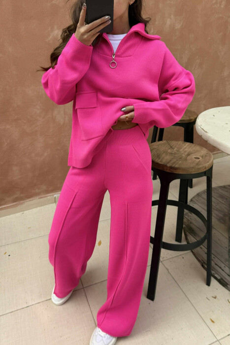 ZIPPER NECK SWEATER+TROUSERS WOMEN KNIT SET FUCHSIA/CIKLAMI - 6