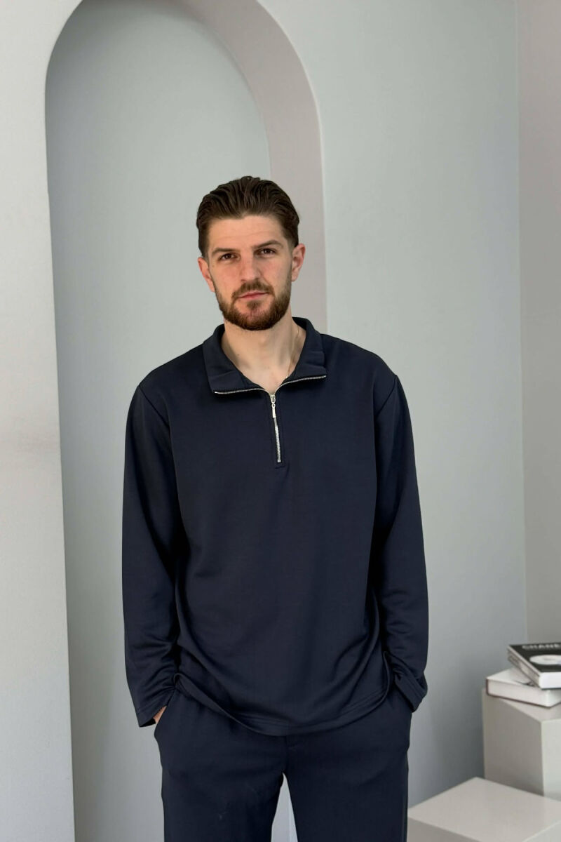 ZIPPER NECK SWEATSHIRT +SWEATPANTS MEN SET DARK BLUE/BEE - 2