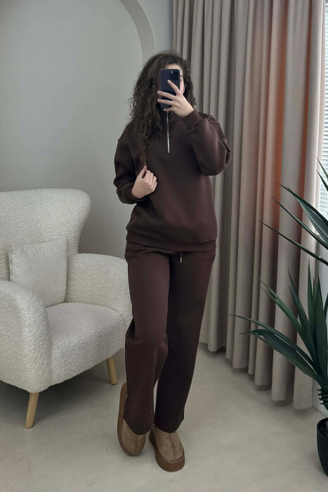 ZIPPER NECK SWEATSHIRT+SWEATPANTS FLUFFY WOMEN SET BROWN/KAFE - KLAUDIO FASHION