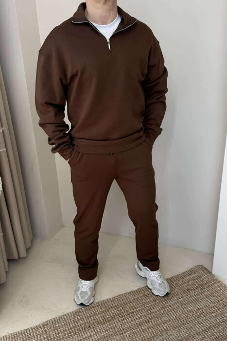 ZIPPER NECK SWEATSHIRT+SWEATPANTS MEN SET BROWN/KAFE 