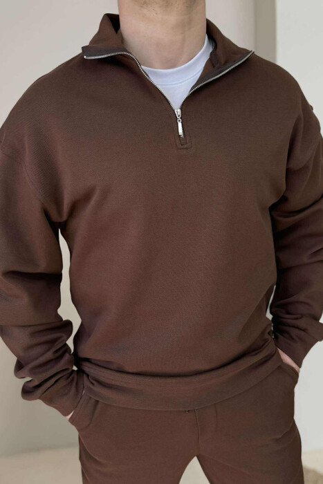 ZIPPER NECK SWEATSHIRT+SWEATPANTS MEN SET BROWN/KAFE - 2