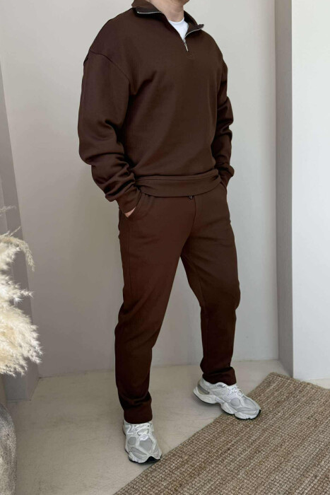 ZIPPER NECK SWEATSHIRT+SWEATPANTS MEN SET BROWN/KAFE - 3