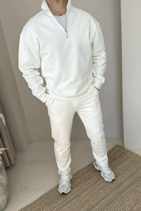 ZIPPER NECK SWEATSHIRT+SWEATPANTS MEN SET WHITE-E BARDHE - 2