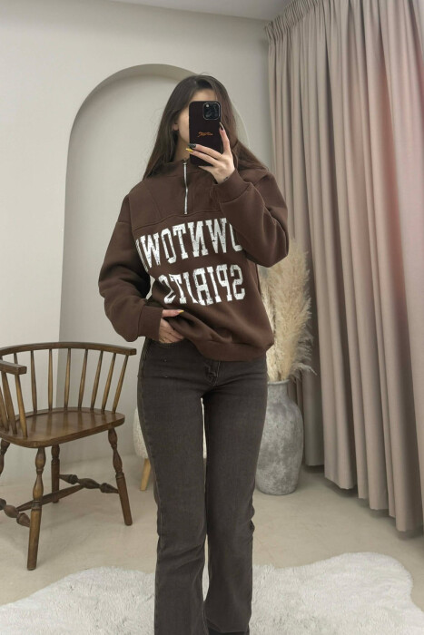 ZIPPER NECK WRITTINGS FLUFFY WOMEN SWEATSHIRT BROWN/KAFE - 2