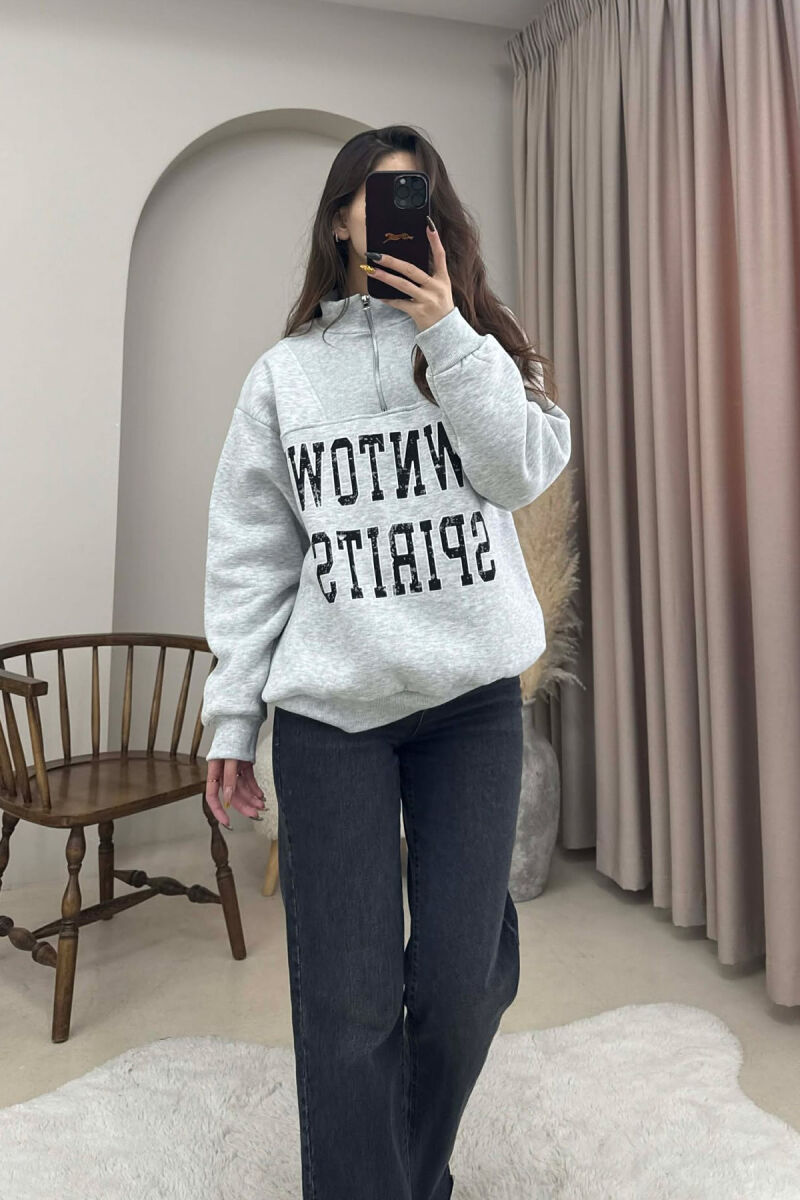 ZIPPER NECK WRITTINGS FLUFFY WOMEN SWEATSHIRT LIGHT GREY/GZ - 2