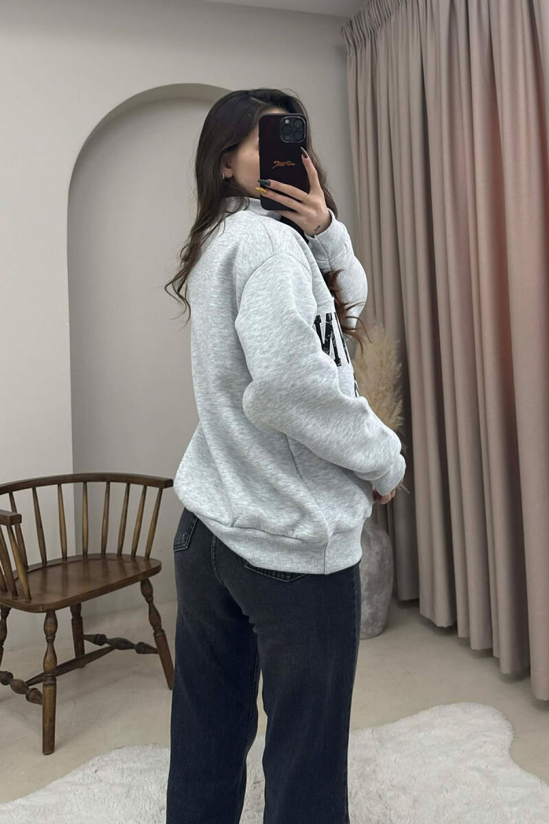 ZIPPER NECK WRITTINGS FLUFFY WOMEN SWEATSHIRT LIGHT GREY/GZ - 4