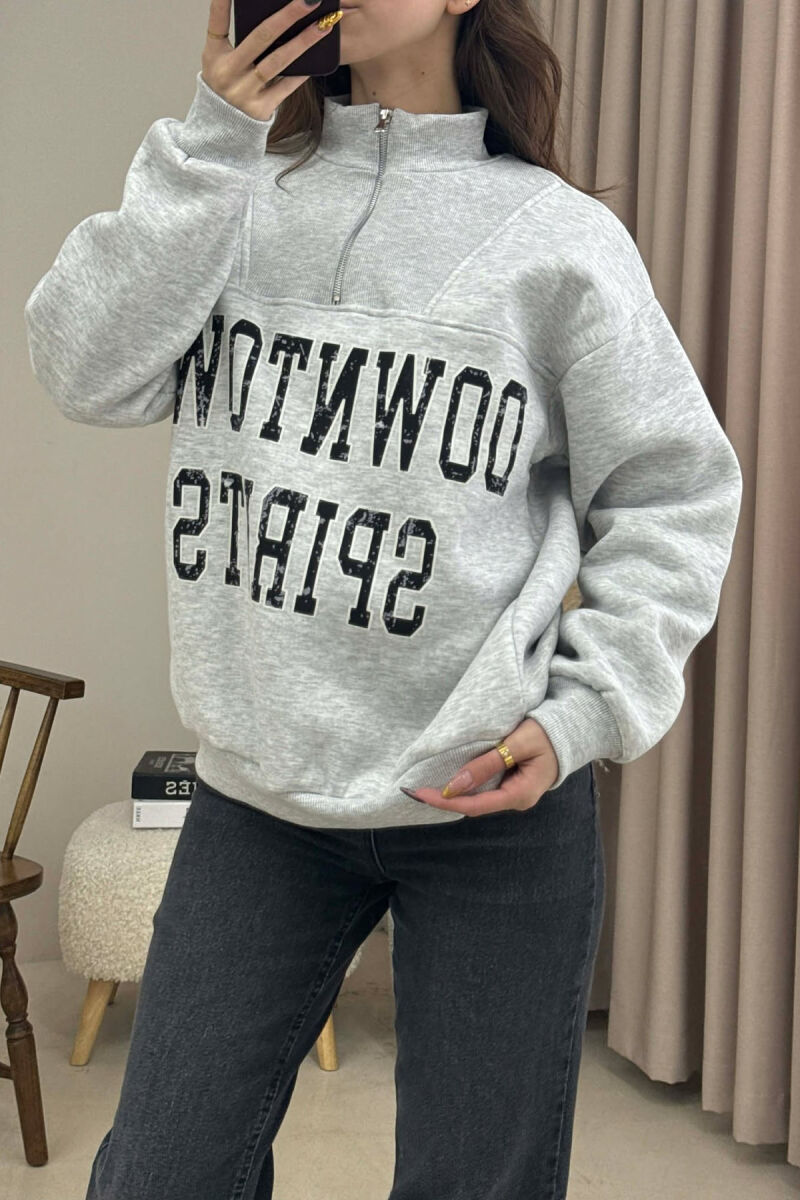 ZIPPER NECK WRITTINGS FLUFFY WOMEN SWEATSHIRT LIGHT GREY/GZ - 1