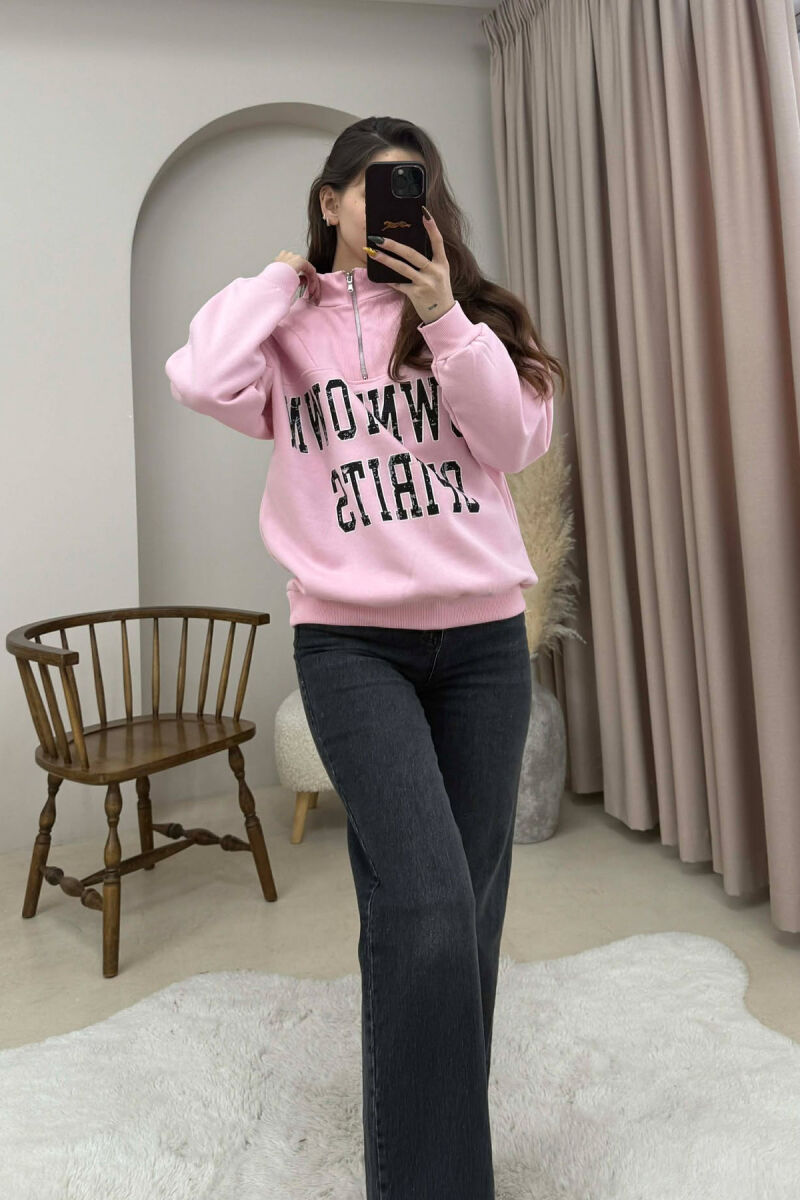 ZIPPER NECK WRITTINGS FLUFFY WOMEN SWEATSHIRT PINK/ROZE - 2
