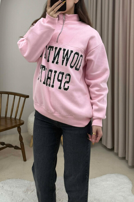 ZIPPER NECK WRITTINGS FLUFFY WOMEN SWEATSHIRT PINK/ROZE - 1