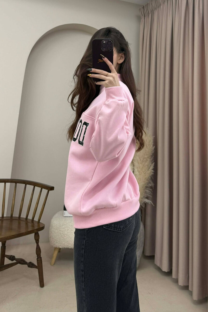 ZIPPER NECK WRITTINGS FLUFFY WOMEN SWEATSHIRT PINK/ROZE - 3