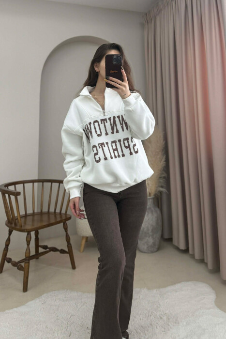 ZIPPER NECK WRITTINGS FLUFFY WOMEN SWEATSHIRT WHITE-E BARDHE - 2