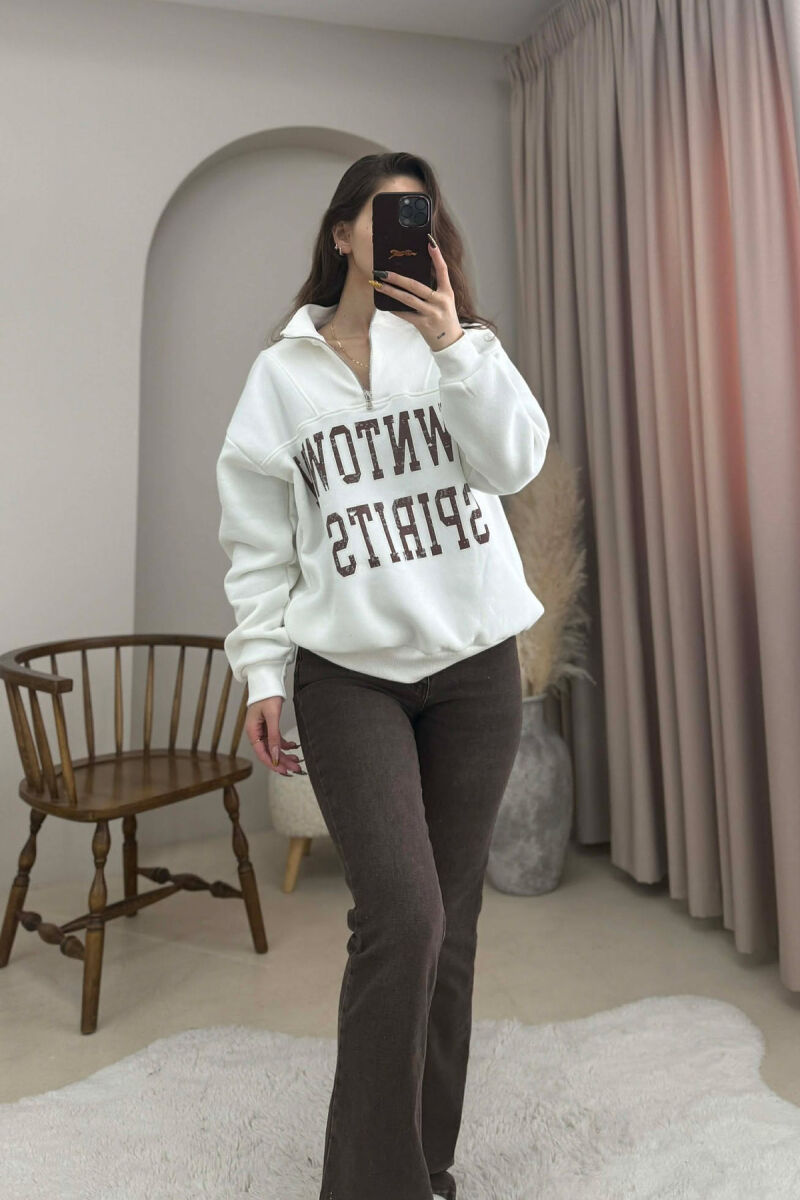 ZIPPER NECK WRITTINGS FLUFFY WOMEN SWEATSHIRT WHITE-E BARDHE - 2