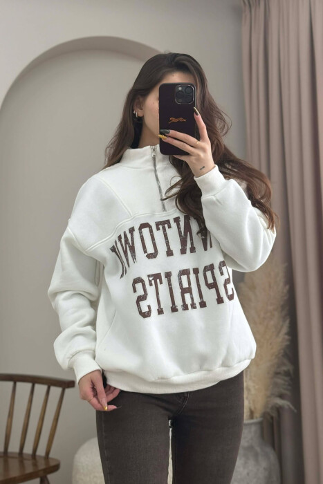 ZIPPER NECK WRITTINGS FLUFFY WOMEN SWEATSHIRT WHITE-E BARDHE - 1