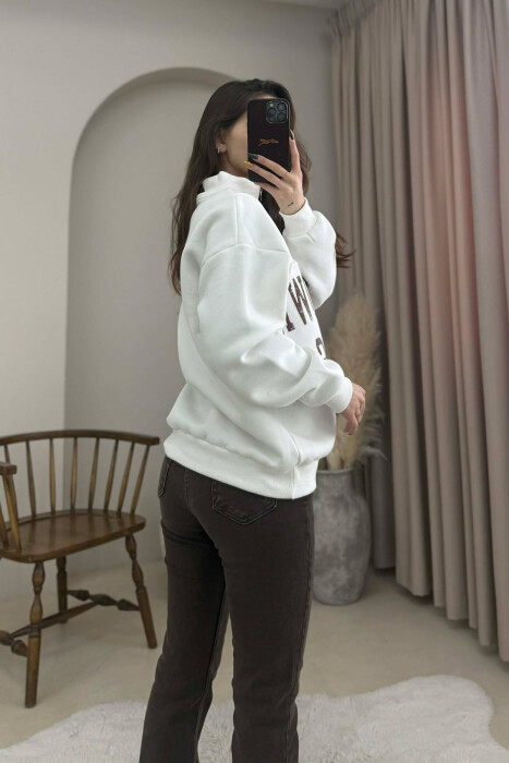 ZIPPER NECK WRITTINGS FLUFFY WOMEN SWEATSHIRT WHITE-E BARDHE - 4