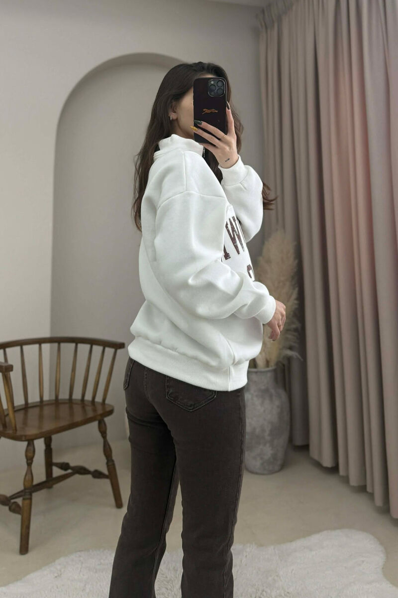 ZIPPER NECK WRITTINGS FLUFFY WOMEN SWEATSHIRT WHITE-E BARDHE - 4