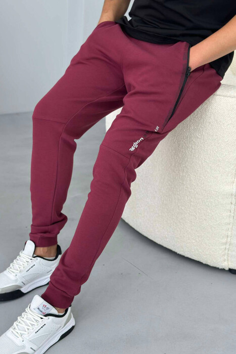 ZIPPER POCKET COTTON MEN SWEATPANTS BURGUNDY/VISHNJE 