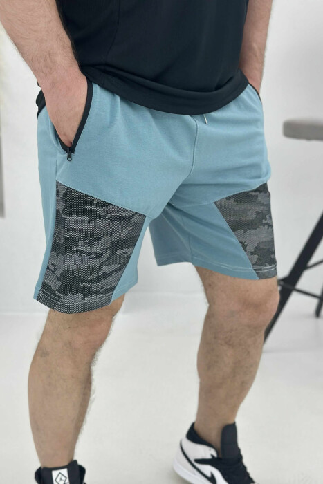 ZIPPER POCKETS SIMPLE MEN SHORT SWEATPANTS BLUE STONE/GK - KLAUDIO FASHION