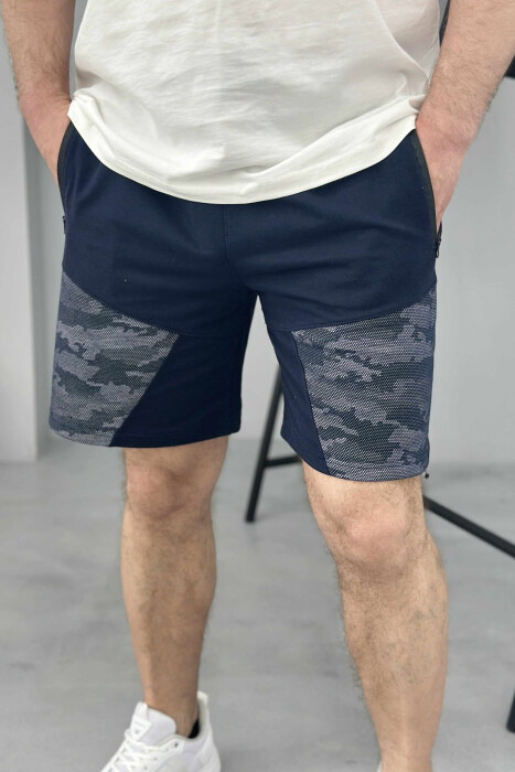 ZIPPER POCKETS SIMPLE MEN SHORT SWEATPANTS DARK BLUE/BEE - 1