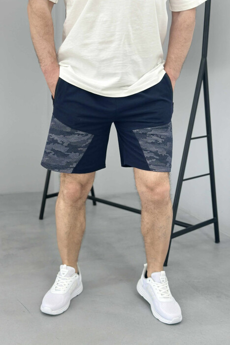 ZIPPER POCKETS SIMPLE MEN SHORT SWEATPANTS DARK BLUE/BEE - 2