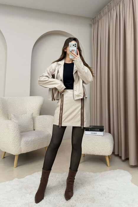 ZIPPERS DETAIL JACKET+SKIRT LEATHER WOMEN SET BEIGE/BEZHE - KLAUDIO FASHION