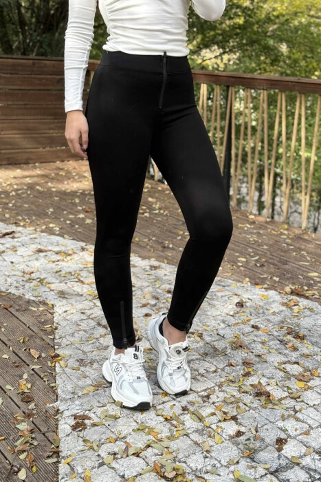 ZIPPERS DETAIL ONE COLOR WOMEN LEGGINGS BLACK/ E ZEZE - KLAUDIO FASHION
